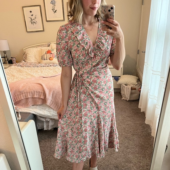 Pink Floral Ruffle Trim Wrap Midi Dress - Picture 7 of 8